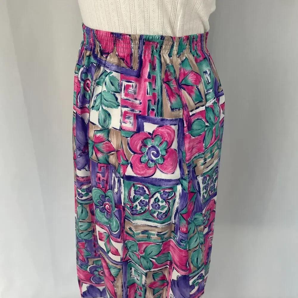 Vintage Midi Skirt Size Medium Pink Purple Floral Boho A Line Pull On Retro 90s